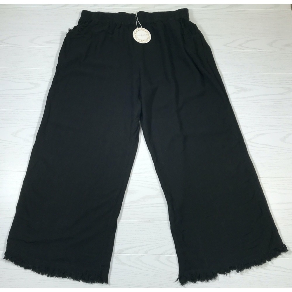 Umgee Wide-Leg Linen Blend Pants 1XL Black Frayed Elastic Waist Pull On Boho New